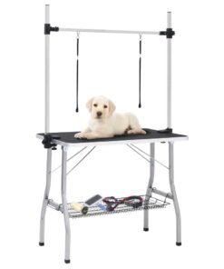 Table de toilettage réglable de chiens avec 2 boucles et panier